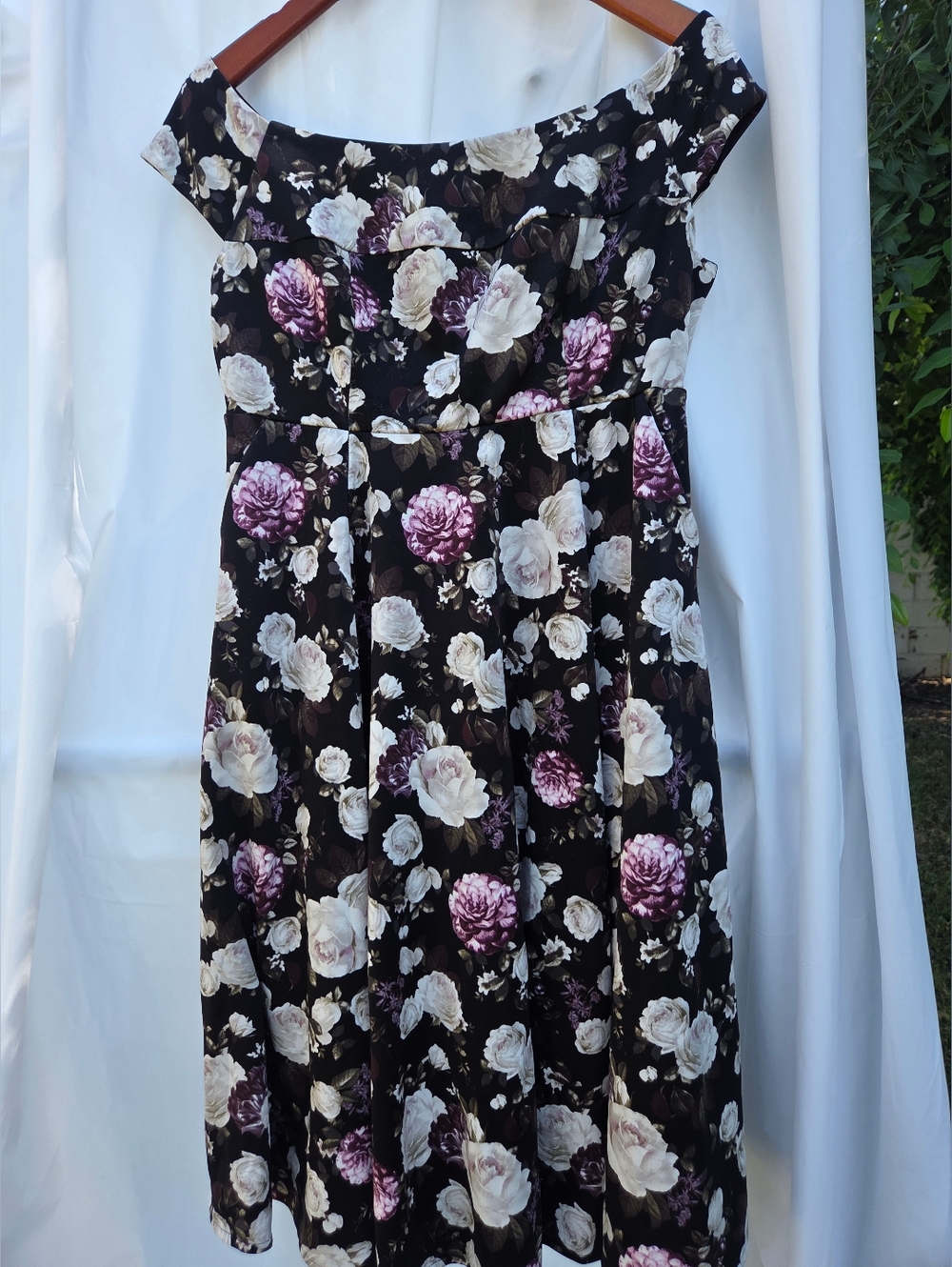 Off-Shoulder Floral Fit & Flare Dress in Black, Cream & Purple